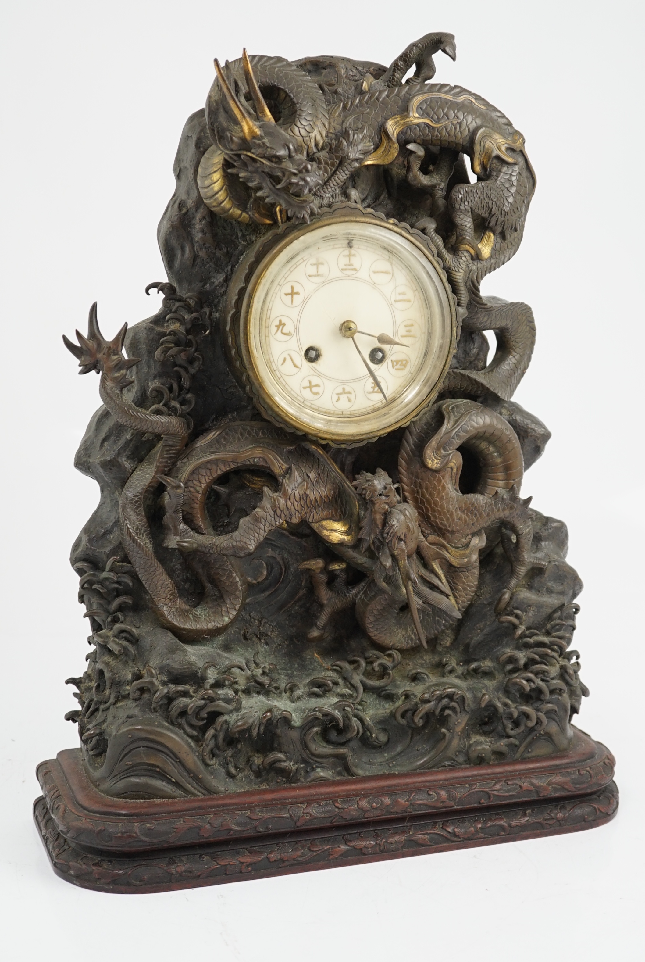 A Japanese parcel gilt bronze ‘dragon’ mantel clock, Meiji period, CITES submission reference:WX9VSMU6